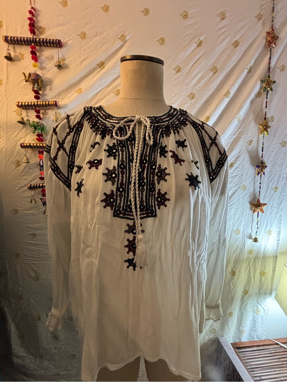 RD KoKo  White Embroidered Boho Tunic with Black & Burgundy Detail